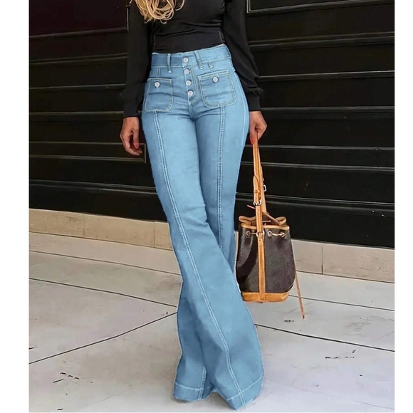 Dark Wash High waisted Button Fly Flared Leg Denim Jeans Pants - Picture 4 of 11